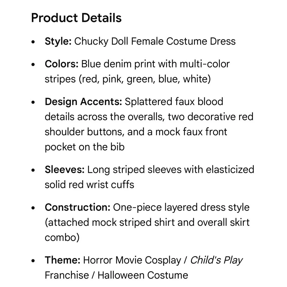 Chucky Girls' Costume Dress Child's Play Doll Halloween Kids Large 10-12 Striped